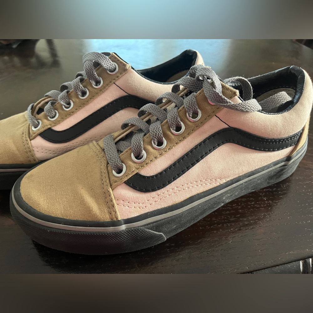 pink, olive green, and black Vans Old Skool